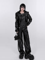 YUBABY Washed Black Punk Padded Shoulders Notch Lapel Women's Pu Leather Jackets