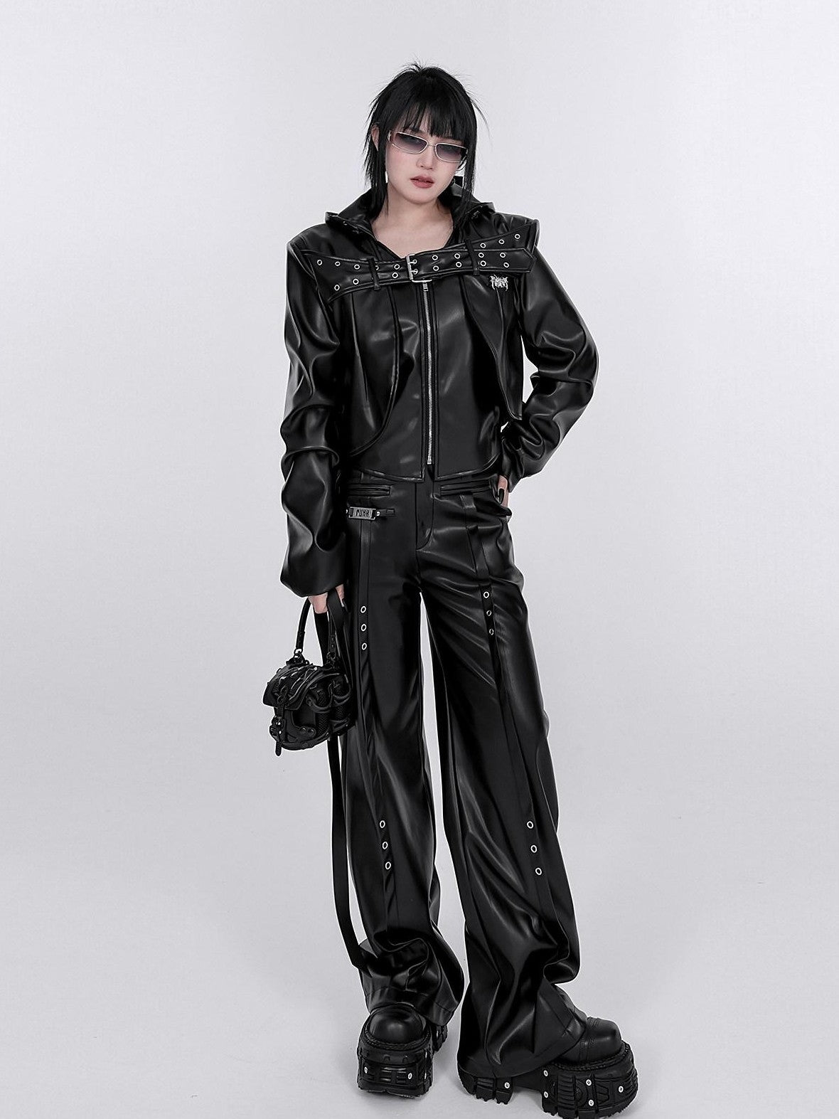 YUBABY Washed Black Punk Padded Shoulders Notch Lapel Women's Pu Leather Jackets
