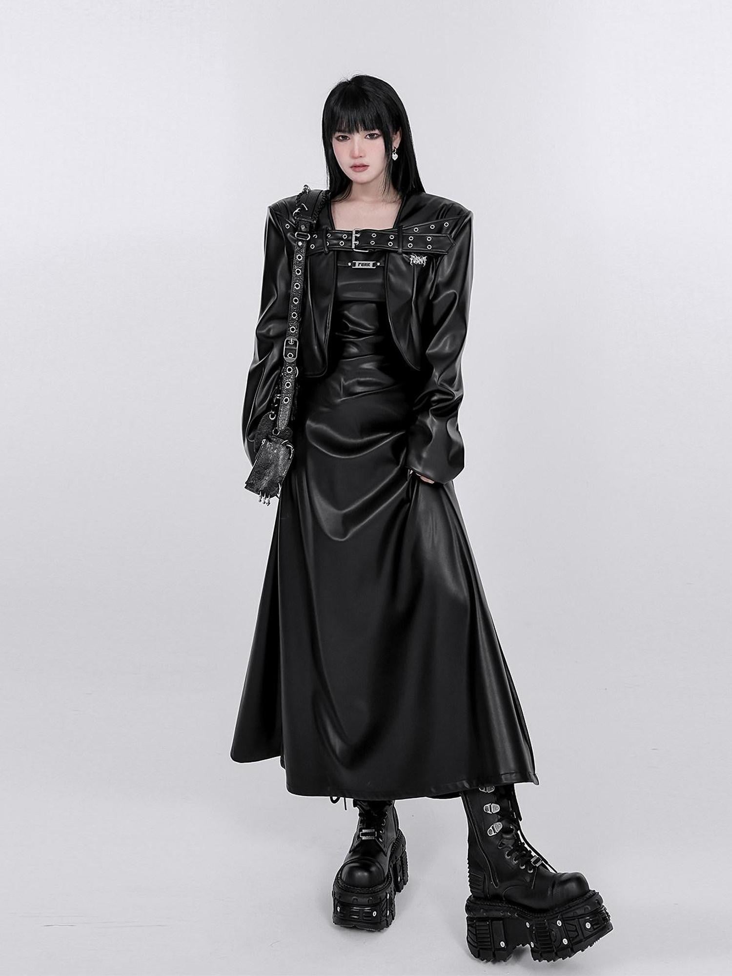 YUBABY Washed Black Punk Padded Shoulders Notch Lapel Women's Pu Leather Jackets