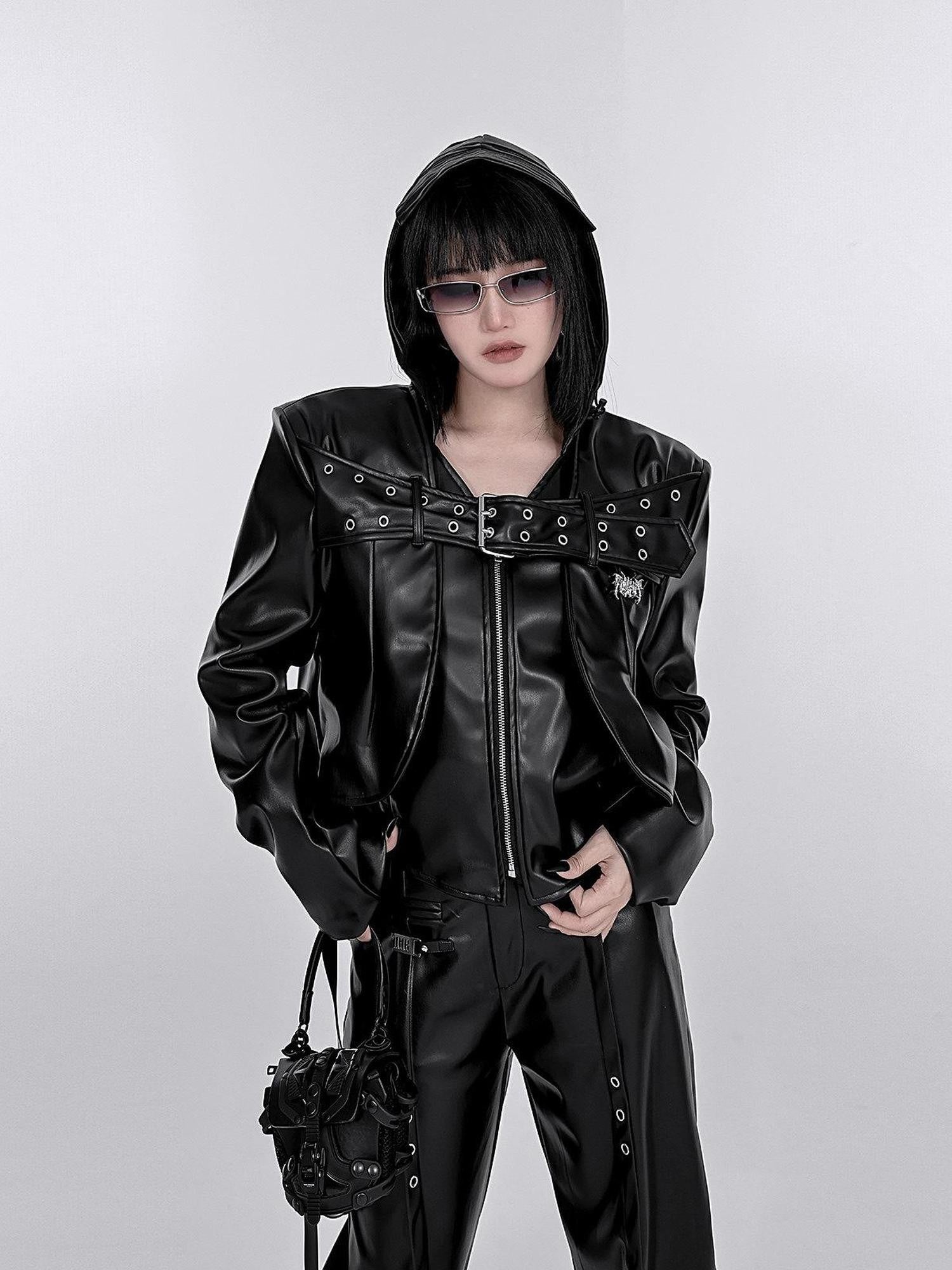 YUBABY Washed Black Punk Padded Shoulders Notch Lapel Women's Pu Leather Jackets