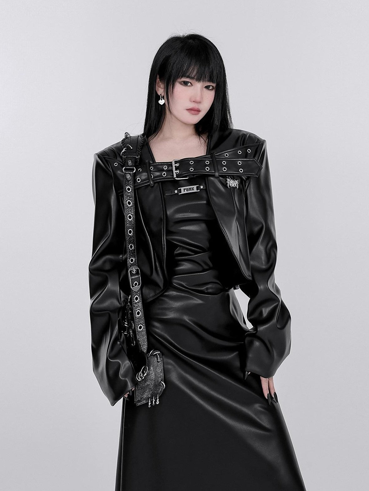 YUBABY Washed Black Punk Padded Shoulders Notch Lapel Women's Pu Leather Jackets