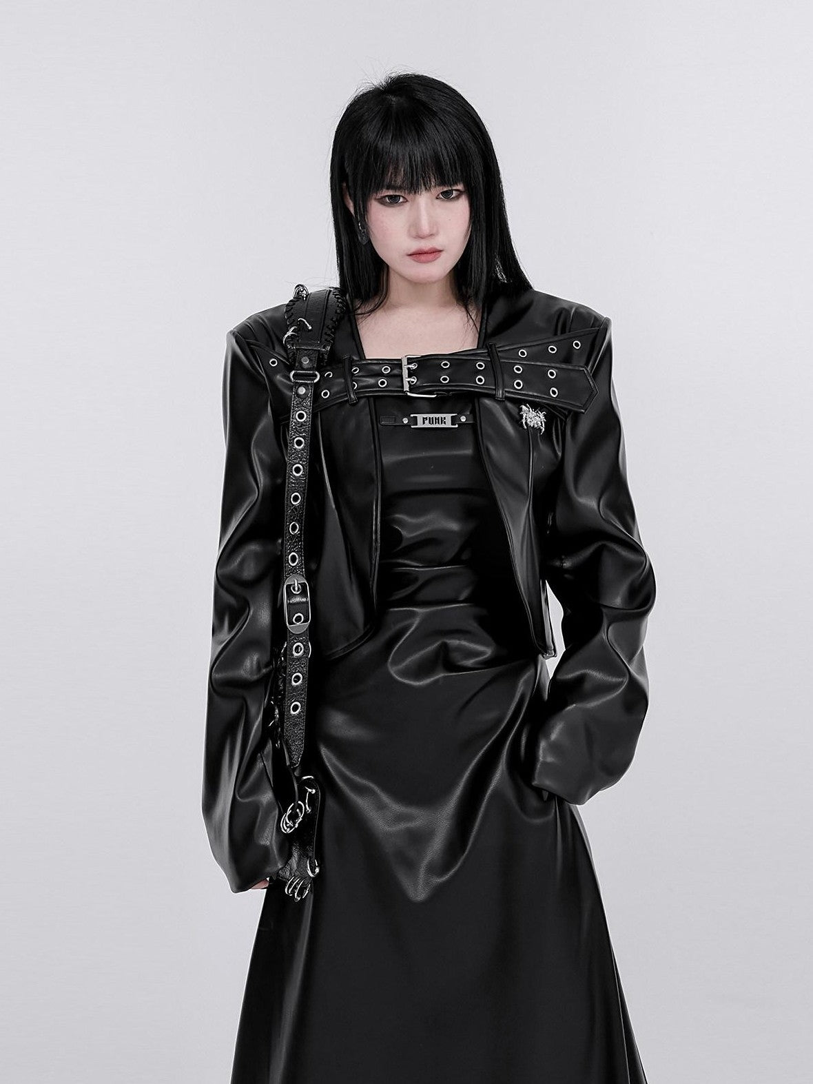 YUBABY Washed Black Punk Padded Shoulders Notch Lapel Women's Pu Leather Jackets