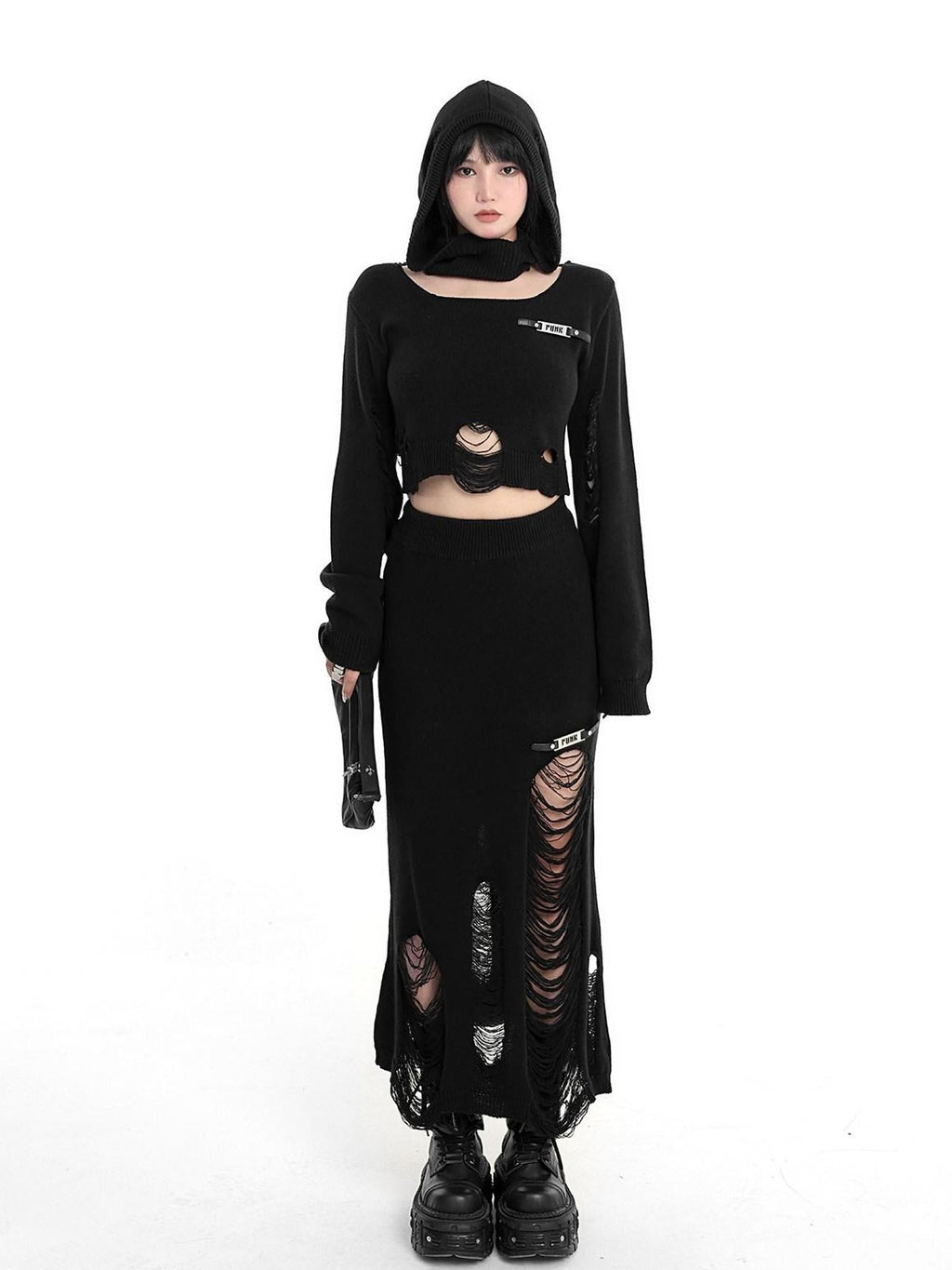YUBABY Wasteland Punk Ripped Cropped Detachable Hat Set Women's Cotton Blend Sweaters