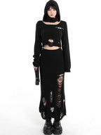 YUBABY Wasteland Punk Ripped Cropped Detachable Hat Set Women's Cotton Blend Sweaters