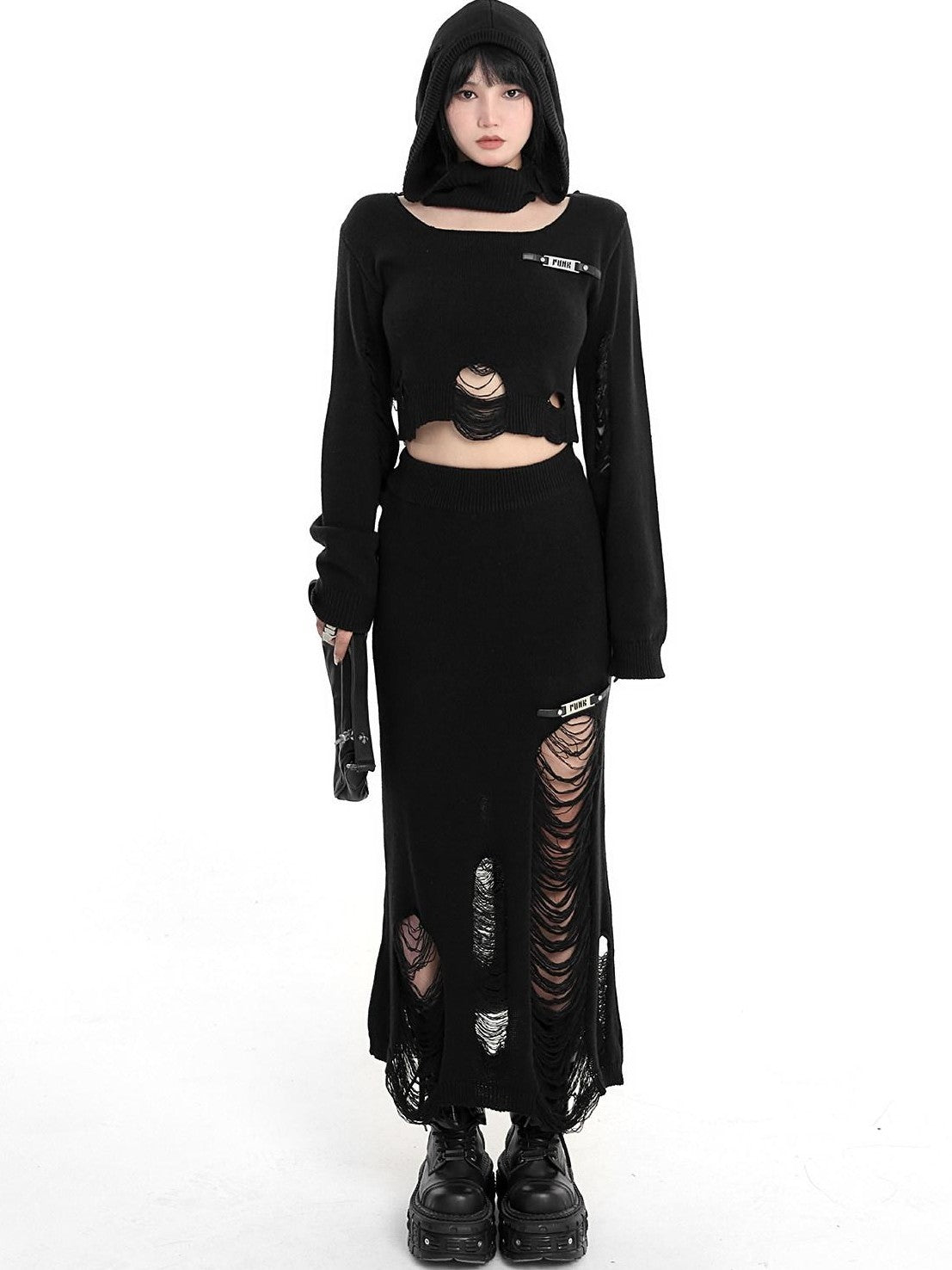 YUBABY Wasteland Punk Ripped Cropped Detachable Hat Set Women's Cotton Blend Sweaters
