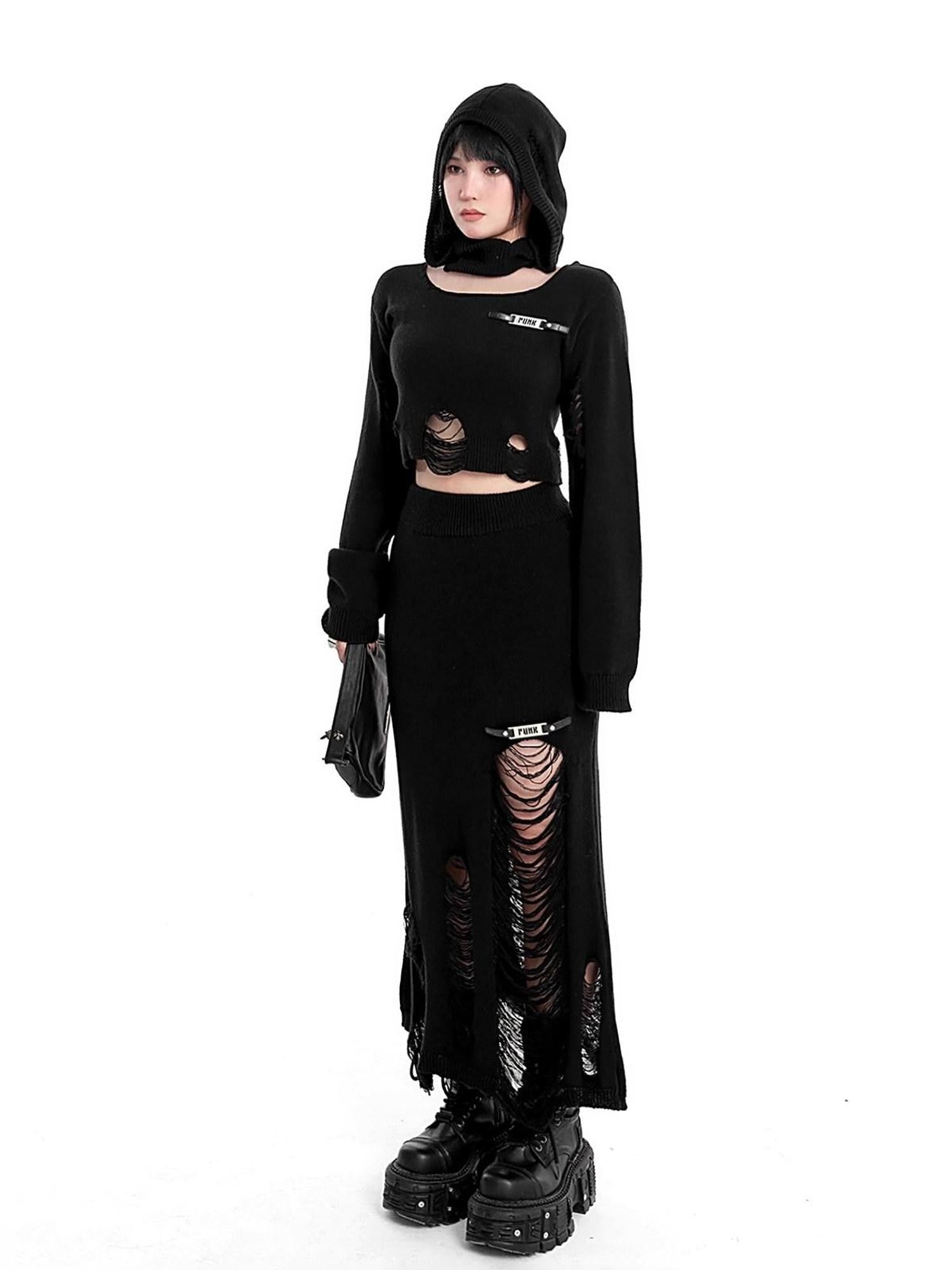 YUBABY Wasteland Punk Ripped Cropped Detachable Hat Set Women's Cotton Blend Sweaters