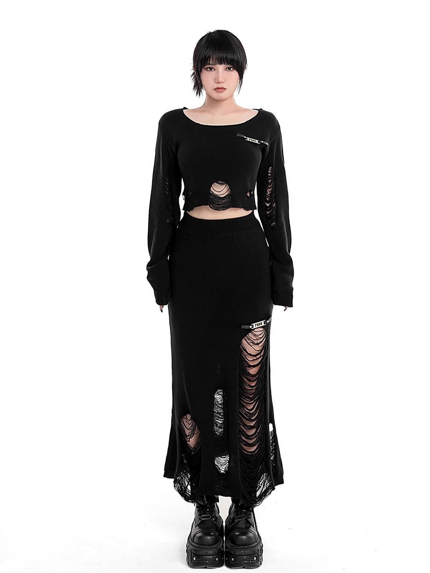 YUBABY Wasteland Punk Ripped Cropped Detachable Hat Set Women's Cotton Blend Sweaters