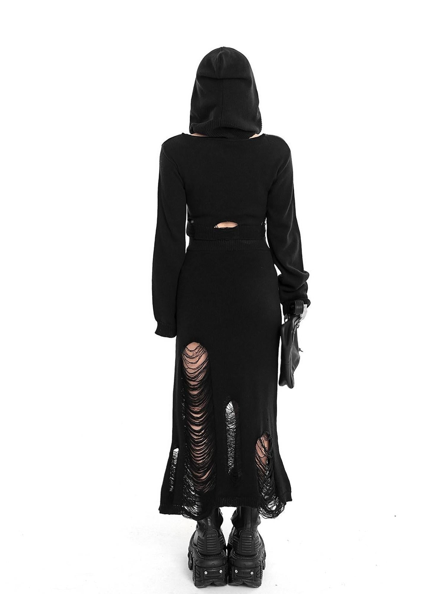 YUBABY Wasteland Punk Ripped Cropped Detachable Hat Set Women's Cotton Blend Sweaters