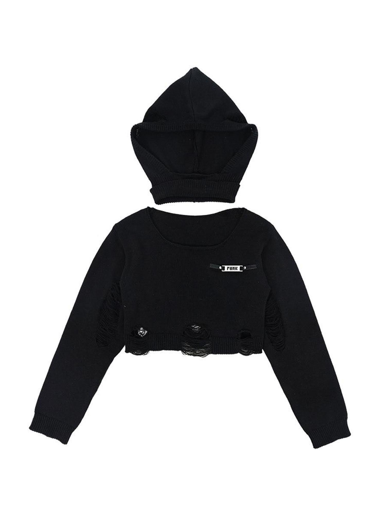 YUBABY Wasteland Punk Ripped Cropped Detachable Hat Set Women's Cotton Blend Sweaters