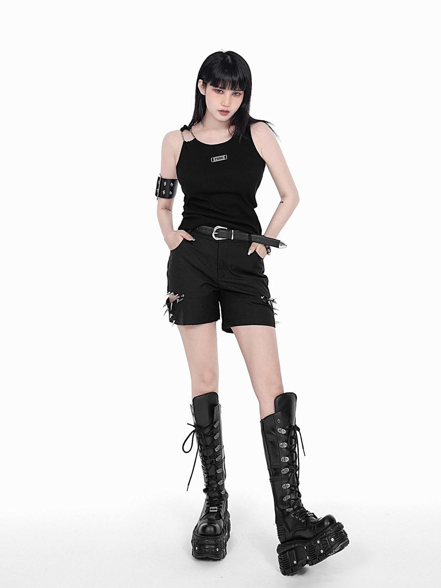 YUBABY Wide Double Row Hole Punk Square Metal Buckle Women's Pu Leather Bracelets