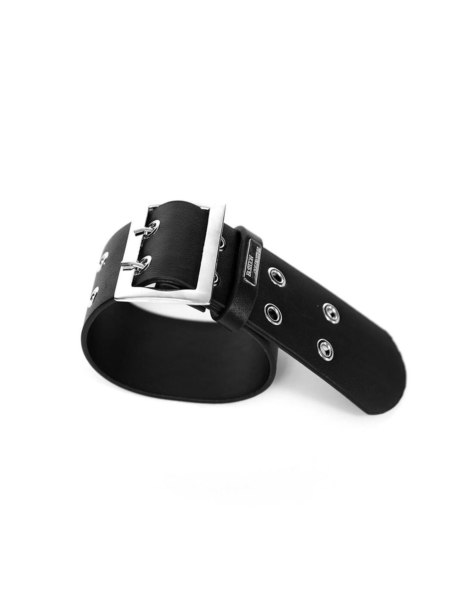 YUBABY Wide Double Row Hole Punk Square Metal Buckle Women's Pu Leather Bracelets