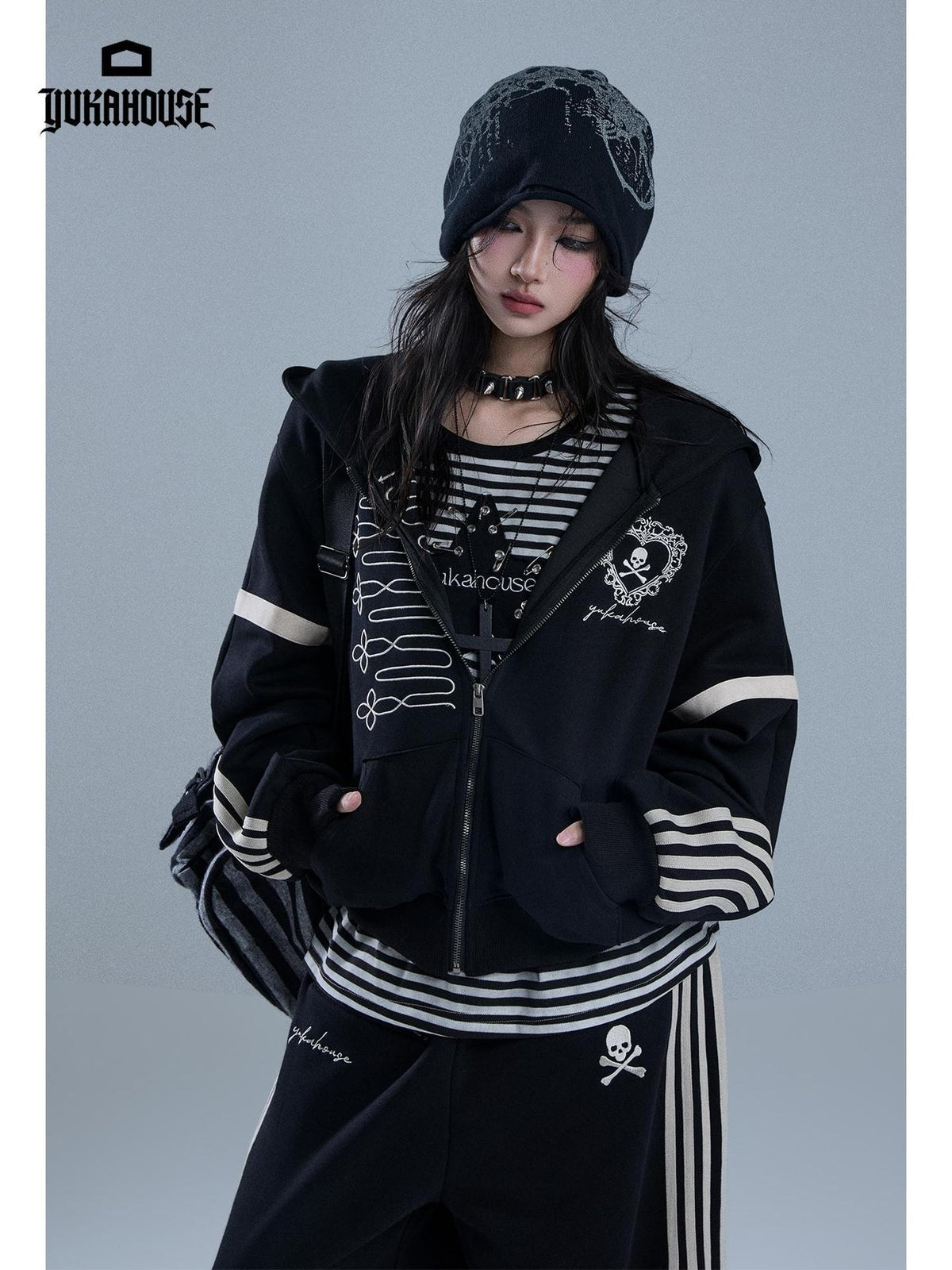 YUKAHOUSE American Gothic Striped Embroidered Zip Up Long Sleeve Women's Cotton Hoodies