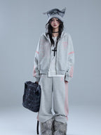 YUKAHOUSE American Gothic Striped Embroidered Zip Up Long Sleeve Women's Cotton Hoodies