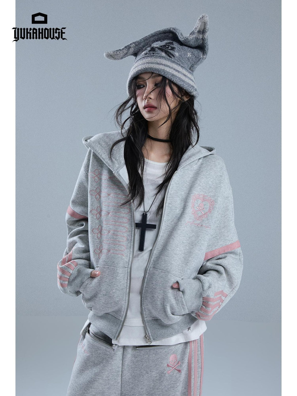 YUKAHOUSE American Gothic Striped Embroidered Zip Up Long Sleeve Women's Cotton Hoodies