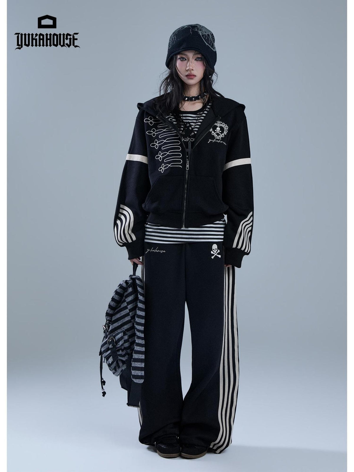 YUKAHOUSE American Gothic Striped Embroidered Zip Up Long Sleeve Women's Cotton Hoodies
