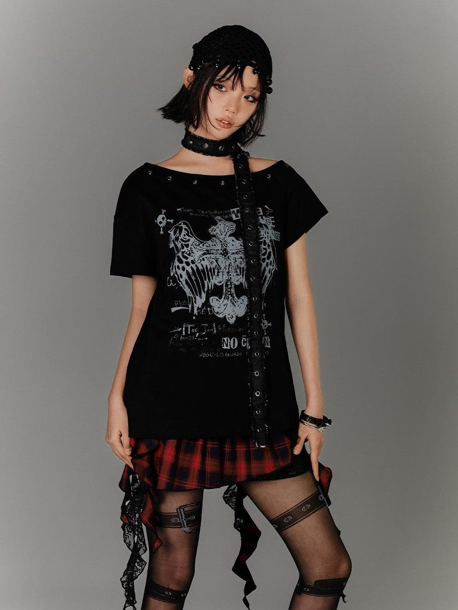 YUKAHOUSE American Off Shoulder Belted Cotton Women's Short Sleeve T-shirts