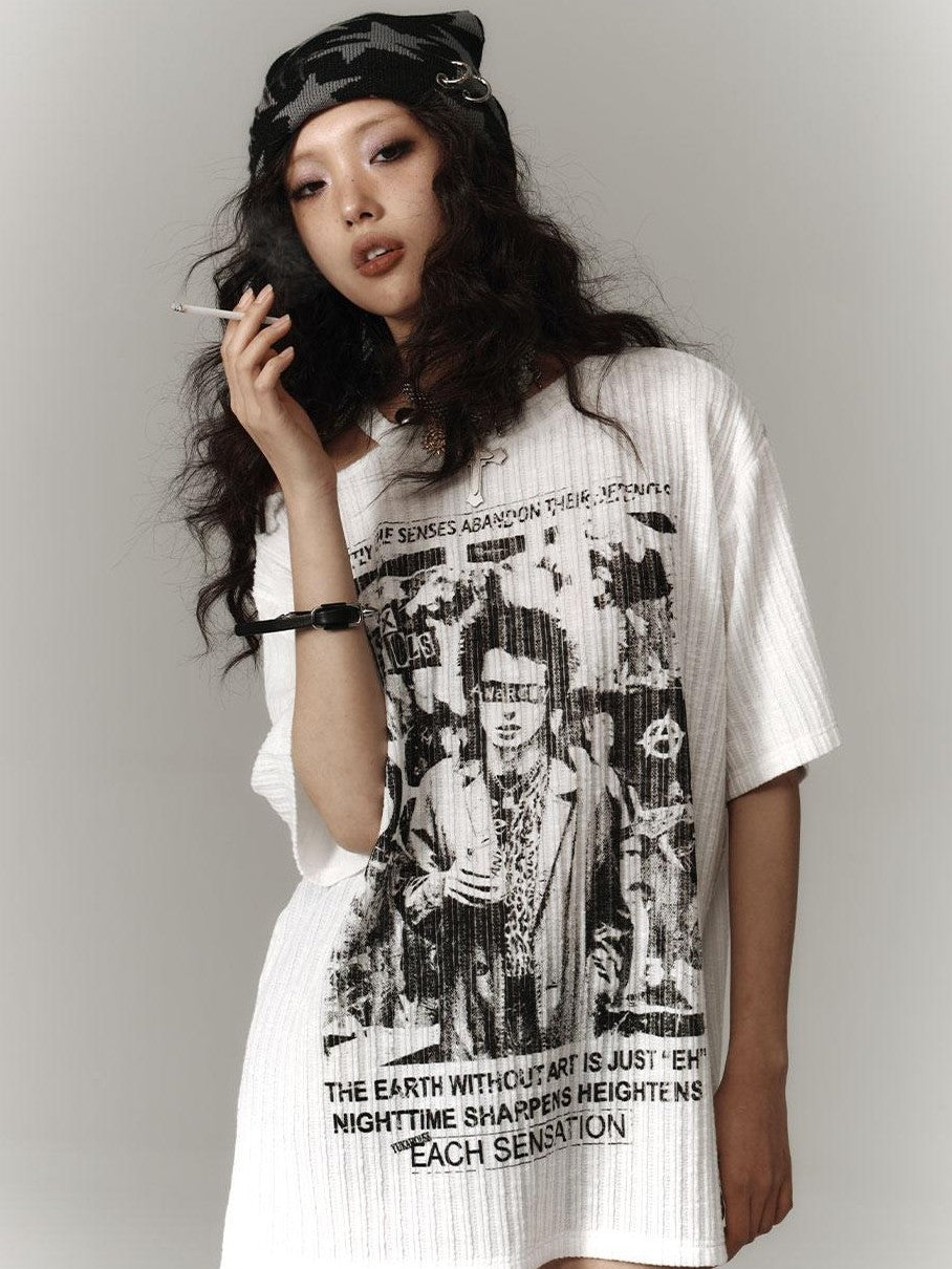 YUKAHOUSE American Punk Print Cold Shoulder Women's Polyester Short Sleeve T-shirts
