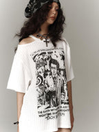 YUKAHOUSE American Punk Print Cold Shoulder Women's Polyester Short Sleeve T-shirts