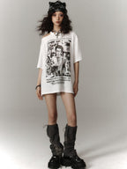 YUKAHOUSE American Punk Print Cold Shoulder Women's Polyester Short Sleeve T-shirts