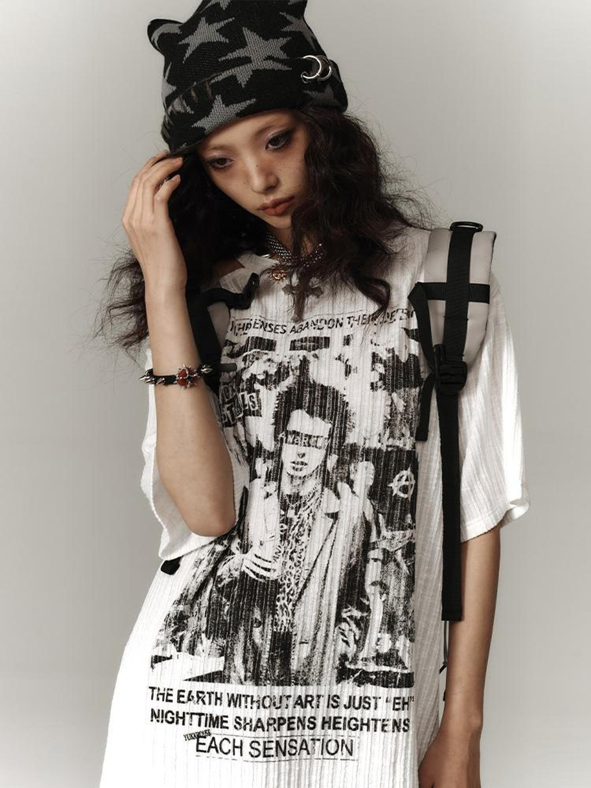 YUKAHOUSE American Punk Print Cold Shoulder Women's Polyester Short Sleeve T-shirts