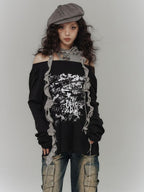 YUKAHOUSE American Punk Rock Off Shoulder Loose Cotton Women's Long Sleeve T-shirts