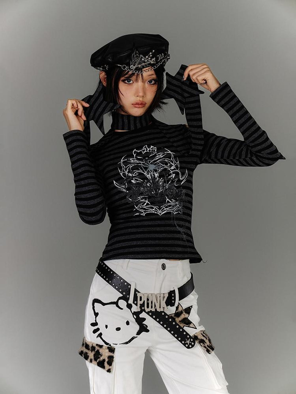YUKAHOUSE American Punk Striped Cutout Off Shoulder Cotton Women's Long Sleeve T-shirts