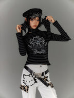 YUKAHOUSE American Punk Striped Cutout Off Shoulder Cotton Women's Long Sleeve T-shirts