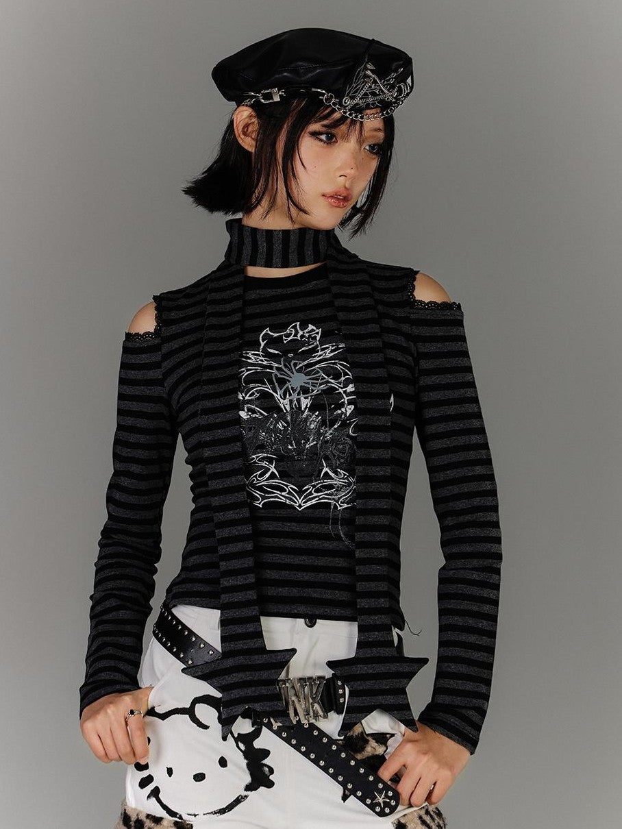 YUKAHOUSE American Punk Striped Cutout Off Shoulder Cotton Women's Long Sleeve T-shirts