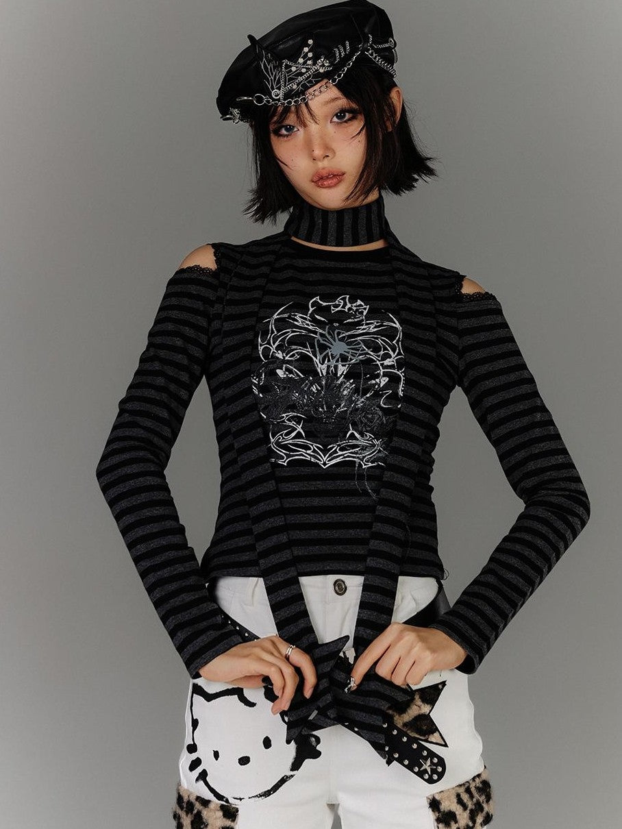 YUKAHOUSE American Punk Striped Cutout Off Shoulder Cotton Women's Long Sleeve T-shirts