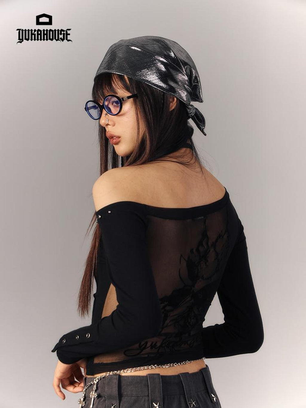 YUKAHOUSE Asymmetric Neck Sheer Back Slim Fit Long Sleeve Cotton Women's Crop Tops