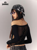 YUKAHOUSE Asymmetric Neck Sheer Back Slim Fit Long Sleeve Cotton Women's Crop Tops