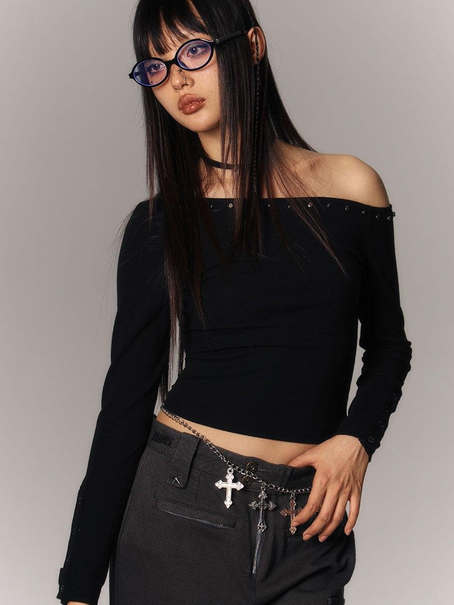 YUKAHOUSE Asymmetric Neck Sheer Back Slim Fit Long Sleeve Cotton Women's Crop Tops