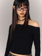 YUKAHOUSE Asymmetric Neck Sheer Back Slim Fit Long Sleeve Cotton Women's Crop Tops
