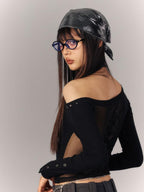 YUKAHOUSE Asymmetric Neck Sheer Back Slim Fit Long Sleeve Cotton Women's Crop Tops