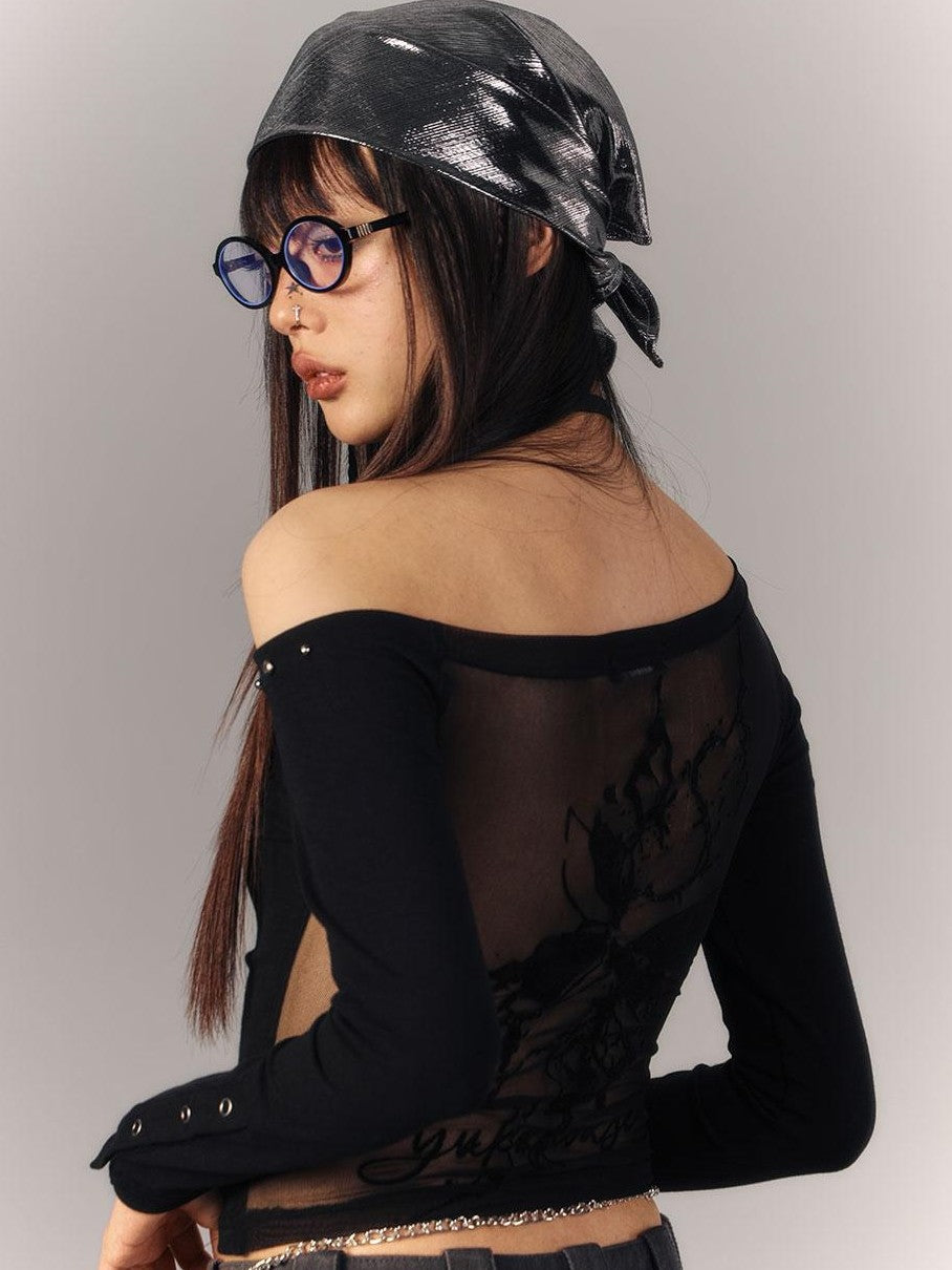 YUKAHOUSE Asymmetric Neck Sheer Back Slim Fit Long Sleeve Cotton Women's Crop Tops