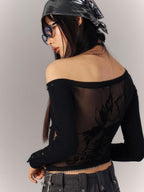 YUKAHOUSE Asymmetric Neck Sheer Back Slim Fit Long Sleeve Cotton Women's Crop Tops