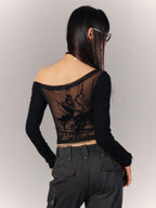 YUKAHOUSE Asymmetric Neck Sheer Back Slim Fit Long Sleeve Cotton Women's Crop Tops