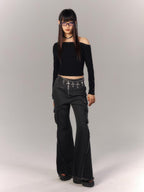 YUKAHOUSE Asymmetric Neck Sheer Back Slim Fit Long Sleeve Cotton Women's Crop Tops