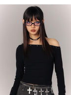 YUKAHOUSE Asymmetric Neck Sheer Back Slim Fit Long Sleeve Cotton Women's Crop Tops