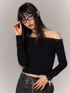 YUKAHOUSE Asymmetric Neck Sheer Back Slim Fit Long Sleeve Cotton Women's Crop Tops