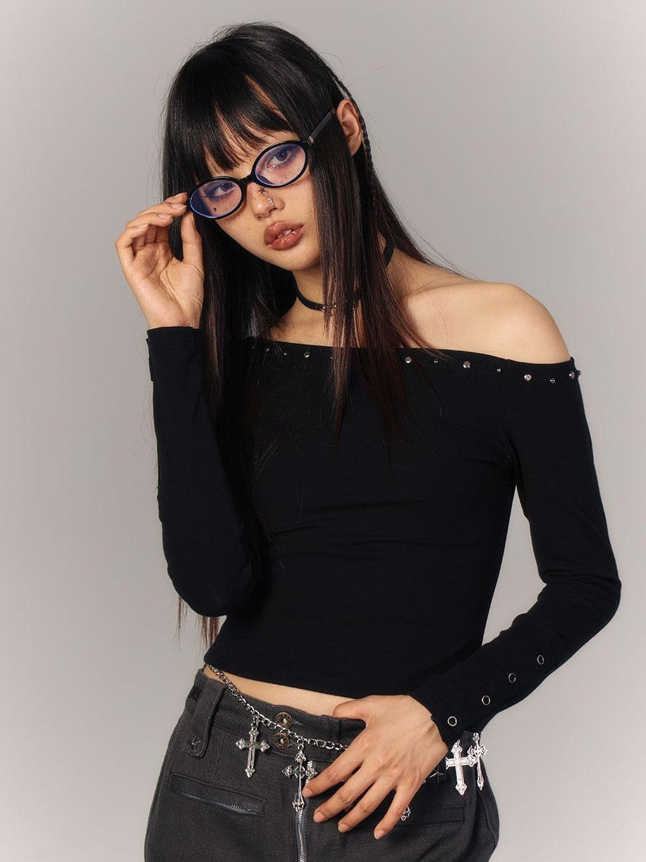YUKAHOUSE Asymmetric Neck Sheer Back Slim Fit Long Sleeve Cotton Women's Crop Tops