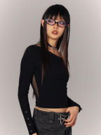 YUKAHOUSE Asymmetric Neck Sheer Back Slim Fit Long Sleeve Cotton Women's Crop Tops