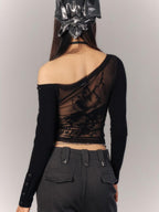YUKAHOUSE Asymmetric Neck Sheer Back Slim Fit Long Sleeve Cotton Women's Crop Tops