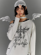 YUKAHOUSE Asymmetric Off Shoulder Ripped Punk Women's Cotton Long Sleeve T-shirts