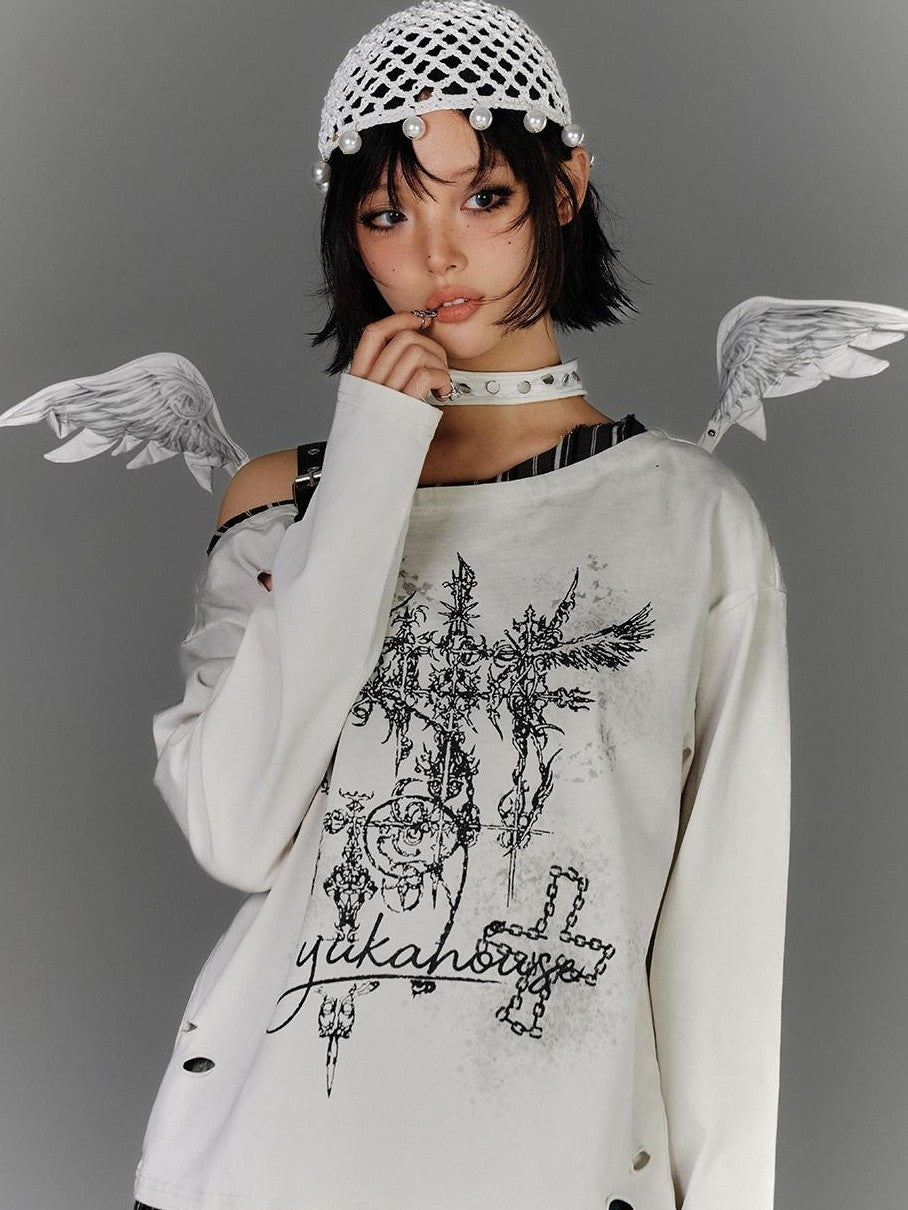 YUKAHOUSE Asymmetric Off Shoulder Ripped Punk Women's Cotton Long Sleeve T-shirts