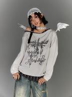 YUKAHOUSE Asymmetric Off Shoulder Ripped Punk Women's Cotton Long Sleeve T-shirts