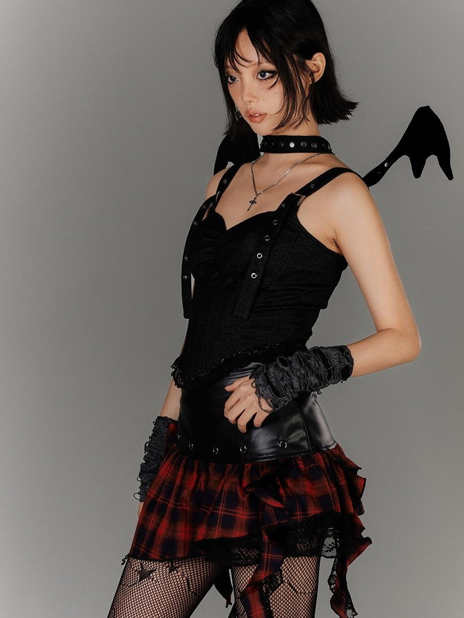 YUKAHOUSE Asymmetric Ruffle Plaid Patchwork High Waist Women's Mini Skirts