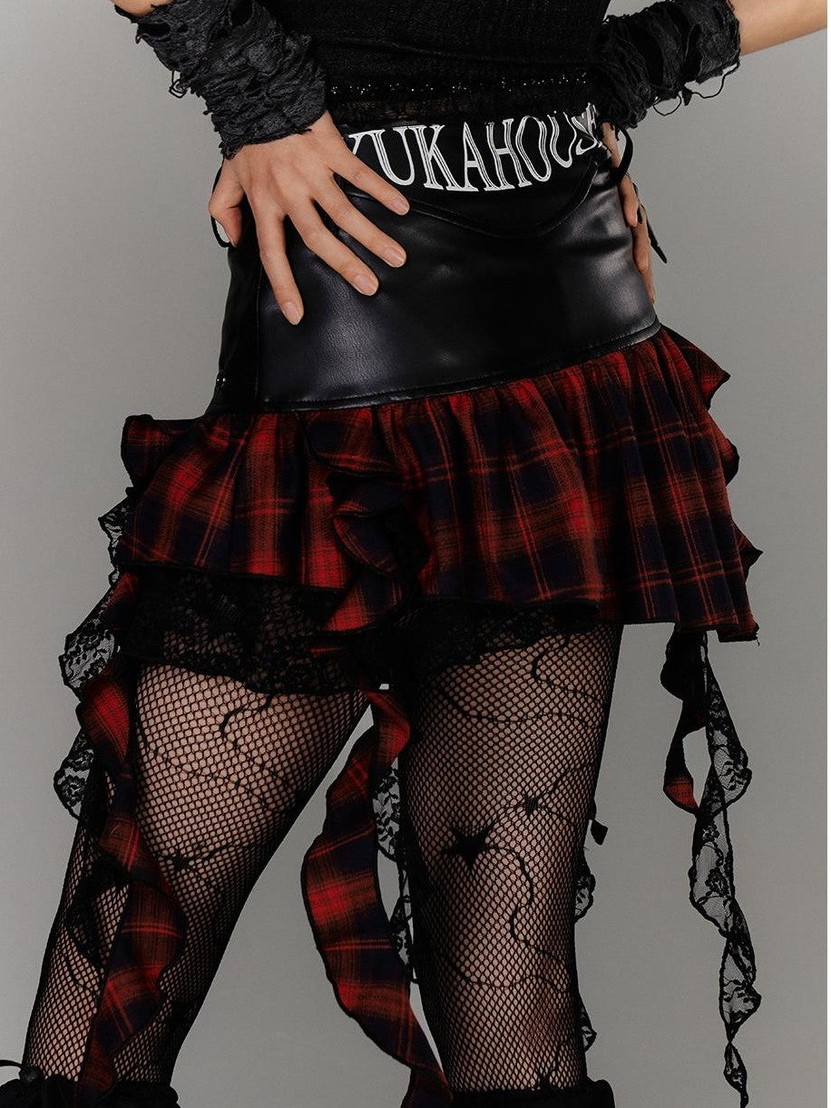 YUKAHOUSE Asymmetric Ruffle Plaid Patchwork High Waist Women's Mini Skirts
