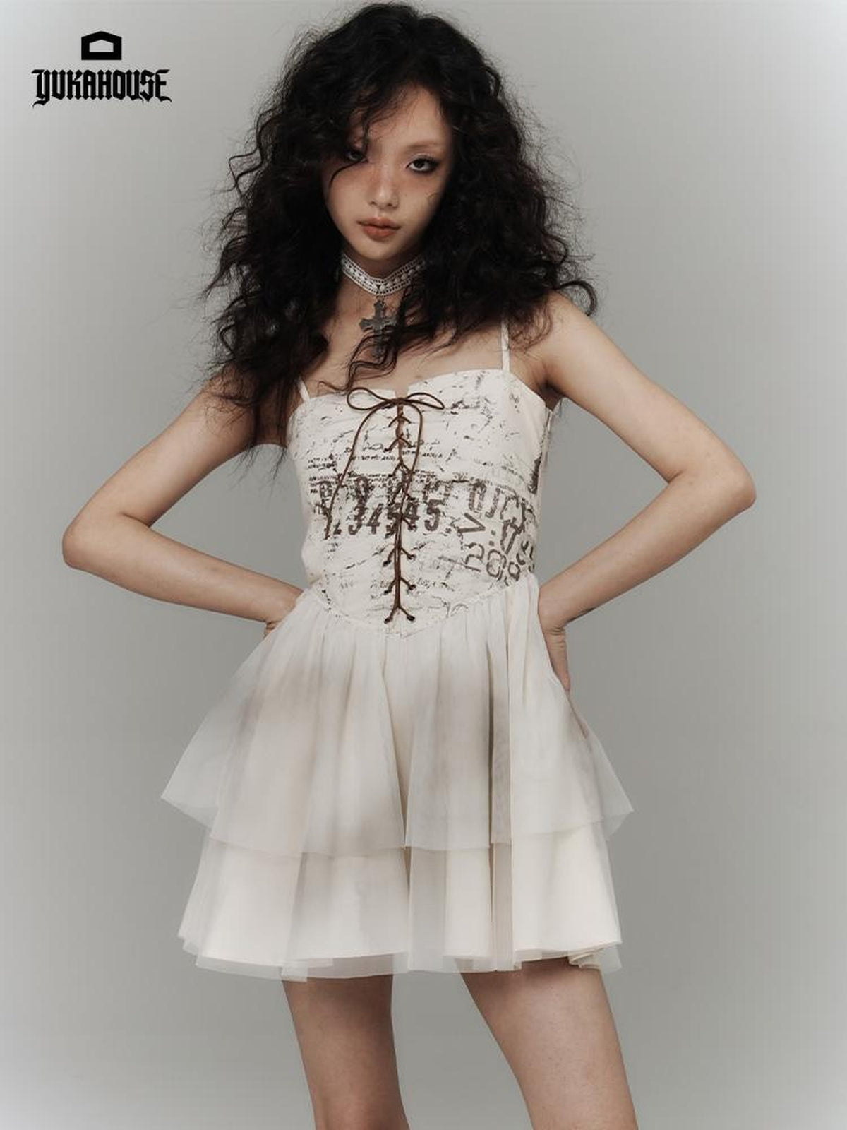 YUKAHOUSE Balletcore Printed Tulle Puff Slim Fit Women's Cotton Modal Slip Mini Dresses