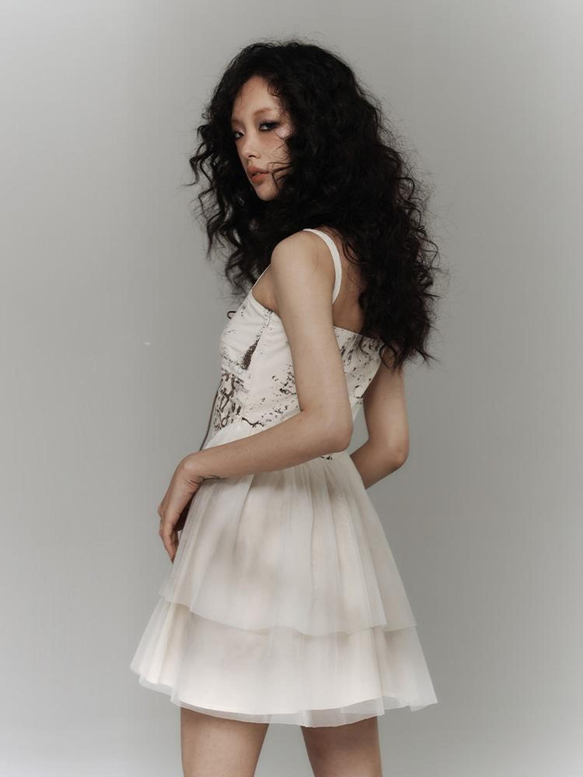 YUKAHOUSE Balletcore Printed Tulle Puff Slim Fit Women's Cotton Modal Slip Mini Dresses